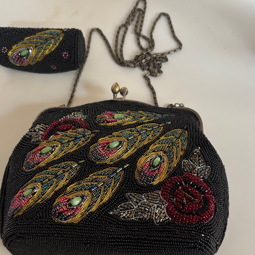 Black Beaded with colorful beaded feather design cross body bag with chain